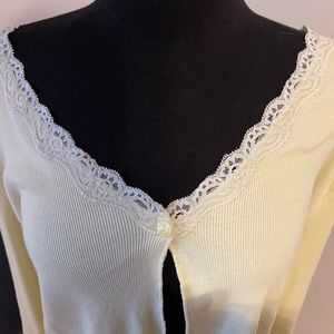 Yellow Lettuce Hem Ribbed Cardigan with Lace Trim
